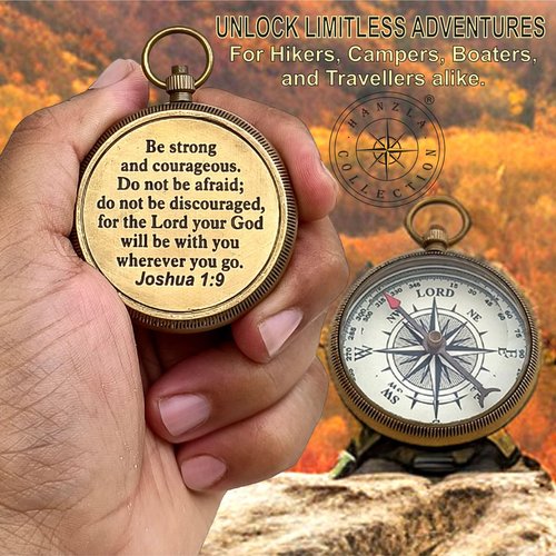 Be Strong and Courageous Joshua 1:9 Brass Directional Locket Compass, Engraved Baptism Gifts for Boys Girls, First Communion, Christian Gifts for Men, First Confirmation Gifts for Boys Catholic Gifts