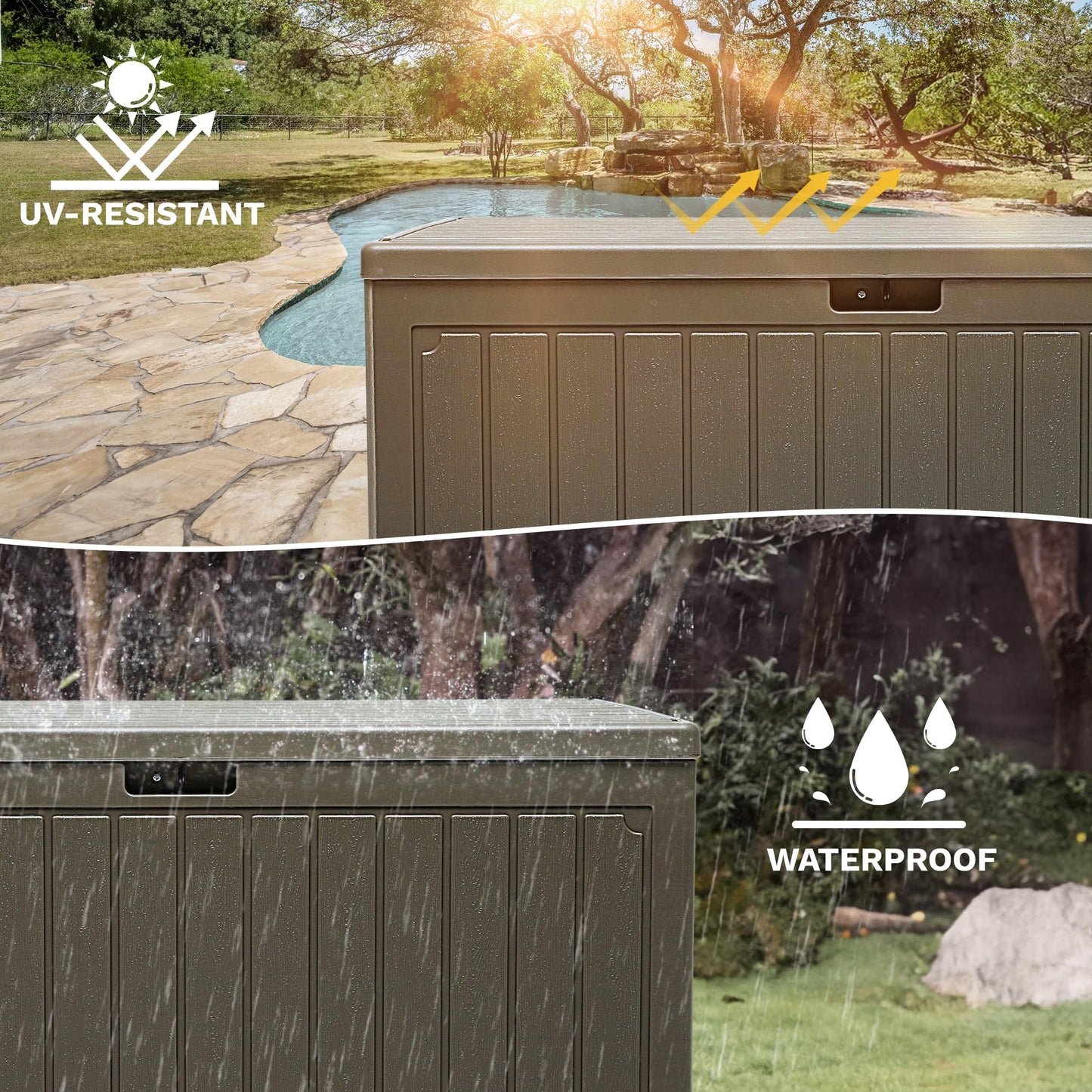 DWVO 90 Gallon Resin Outdoor Storage Box, XXL Double-Wall Waterproof Deck Box, Doubles as Table or Seating with 450 lbs Capacity, Lockable (Light Brown)