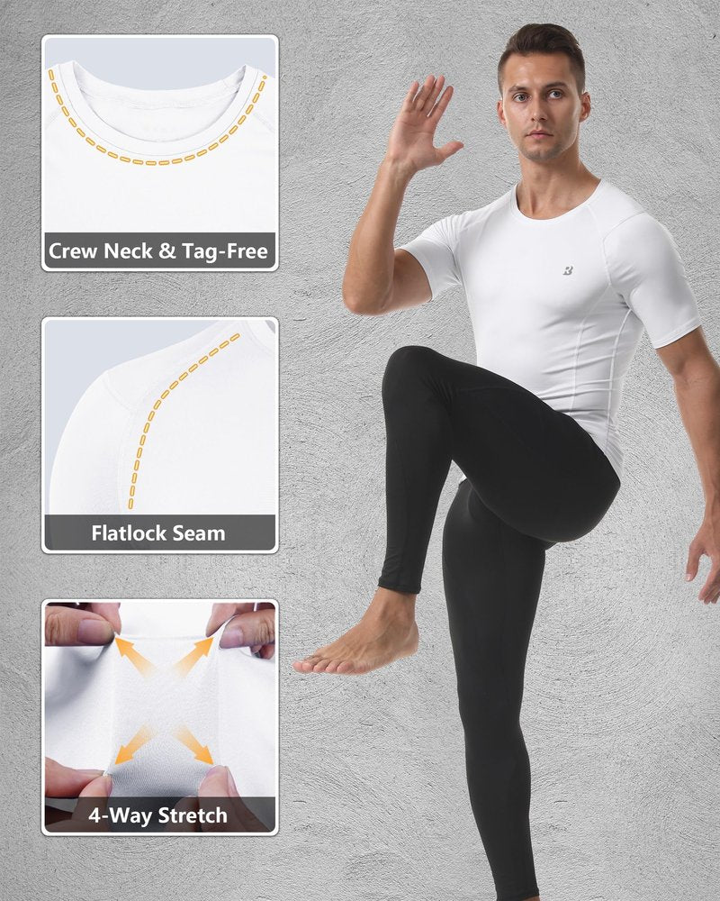 Roadbox Men's Compression Shirts Short Sleeve, Quick Dry Workout Football Base Layer Tops for Athletic Sports Gym Running Basketball White