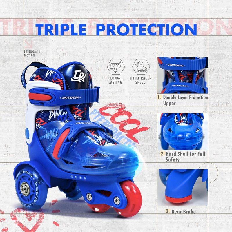 Toddler Roller Skates with Cool Dino Script Design, Kids Training Skating Shoes with Triple Safety Protection, 4 Adjustable Sizes, Light-Up Wheels (Captain Storm, XS-Small(6.5C-9C US))