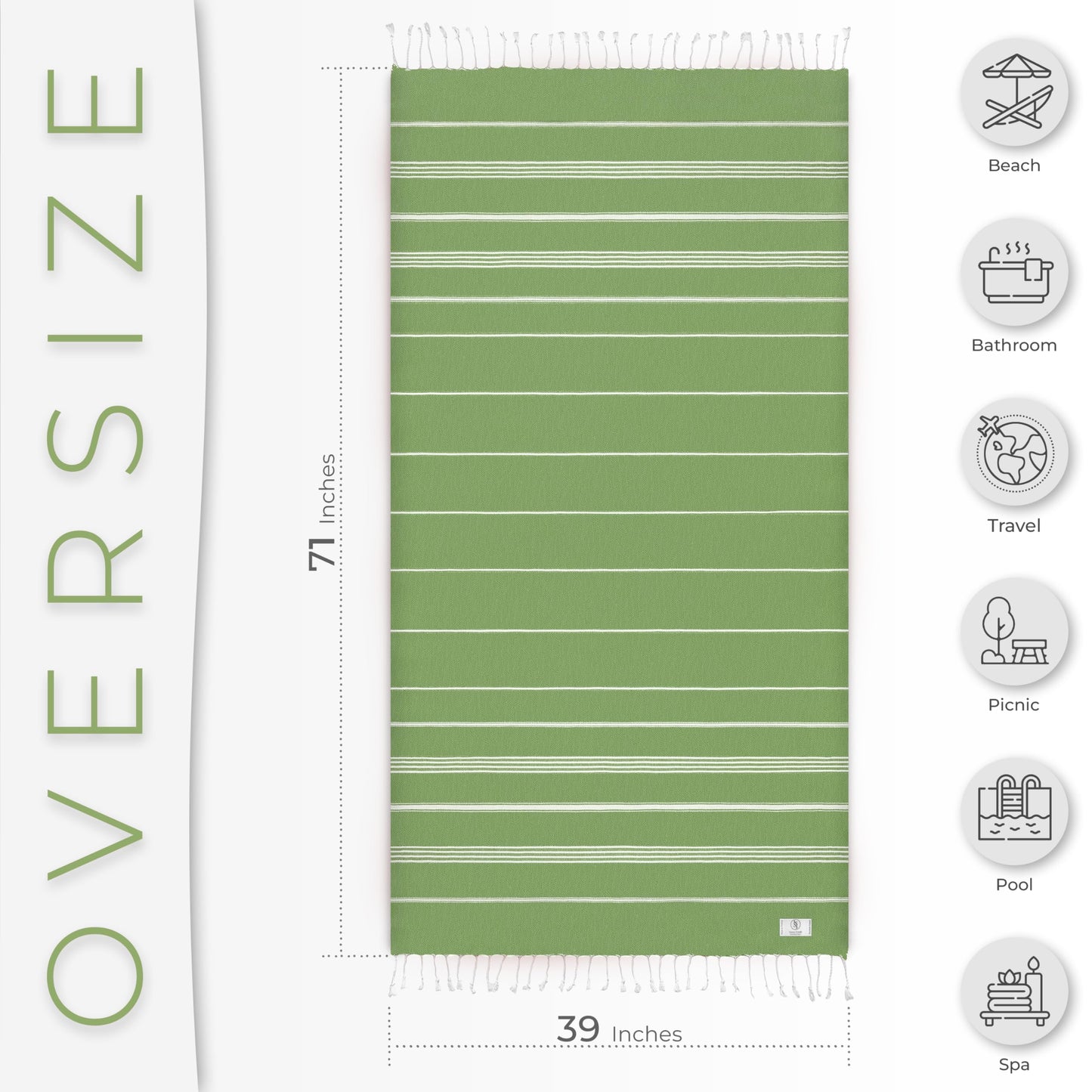 Ossano Turkish Beach Towel Absorbent & Lightweight Oversized (39" x 71") - Quick Dry, Versatile and Functional as Yoga Mat, Picnic Blanket, Travel Blanket, Bath, Gym, Camping Towel - Pistachio Green