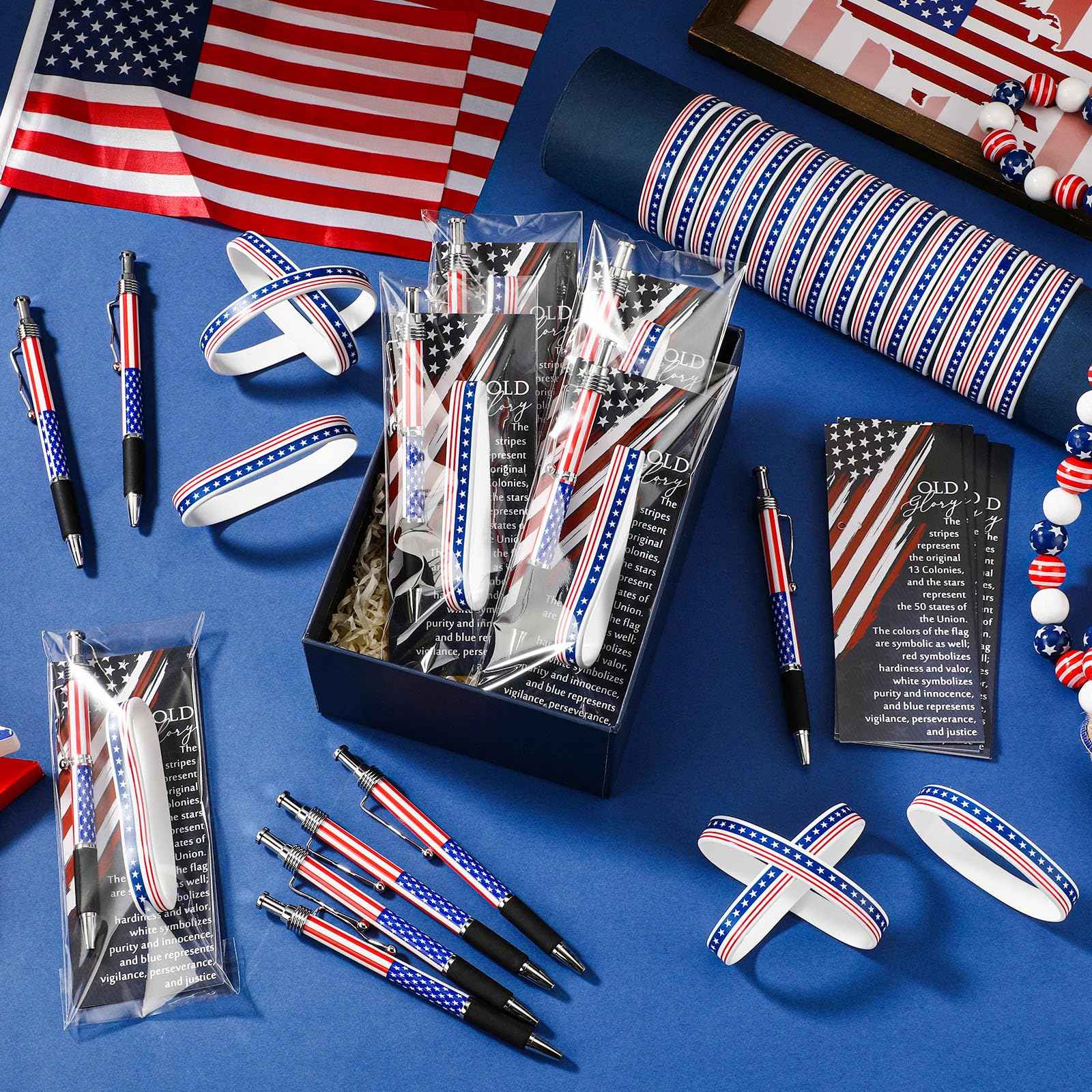 Sayglossy 180 Pcs Veterans Day Gifts American Flag Ballpoint Pens Red White Blue Patriotic Stars Stripes Stationery Gift Silicone Wristband Bookmarks for Patriot Memorial Heroes Supplies