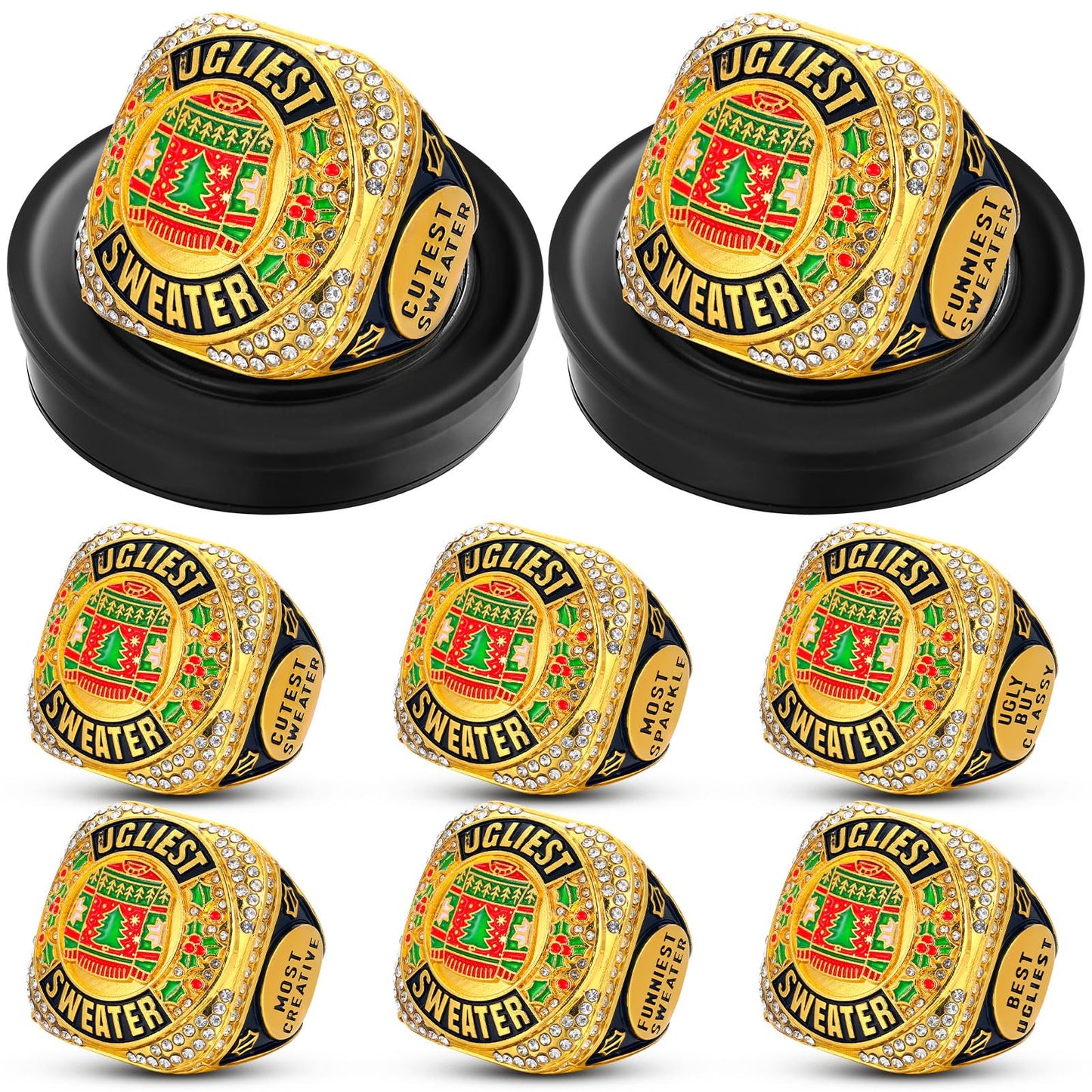 Highergo 6pcs Ugly Christmas Sweater Championship Trophy Ring Ugly Sweater Costume Contest Award with Display Neck Chain and Stand for Xmas Ugliest Sweater Contest Christmas Party Gift Competition