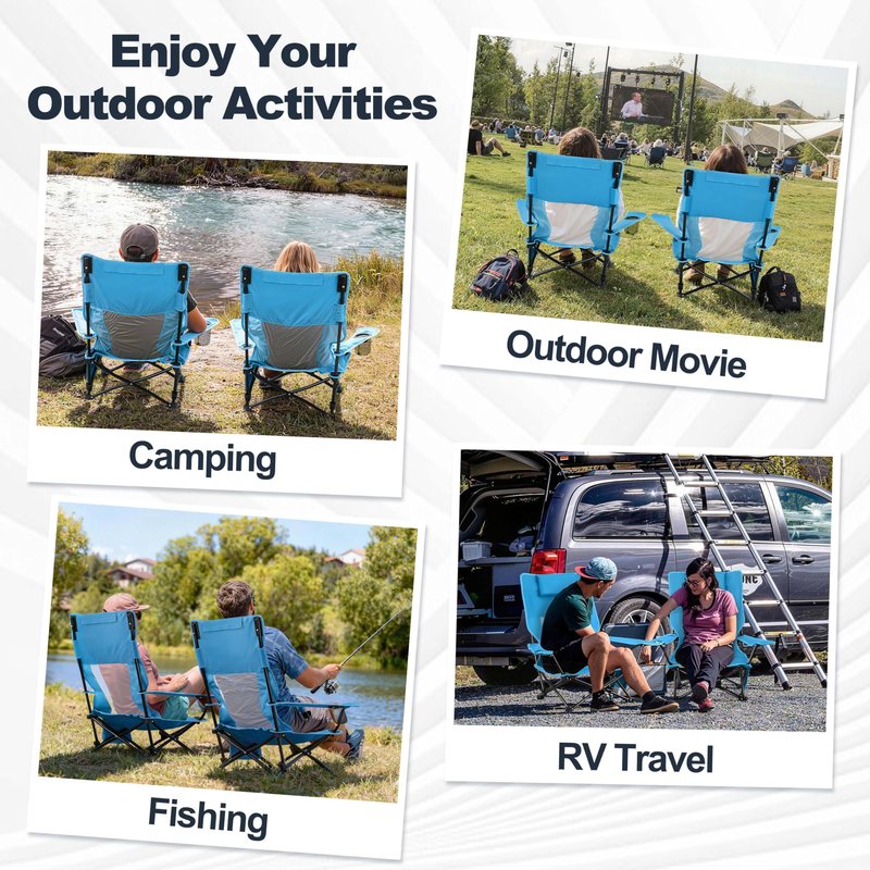 Joyfair 2 Pack Beach Chair Camping Chairs Set(High Back), Heavy Duty Folding Low Lawn Camp Chair for Adults for Outdoor Sport Fishing, Armrest Chair with Portable Bag, Pillow, Cup Holder (Blue)