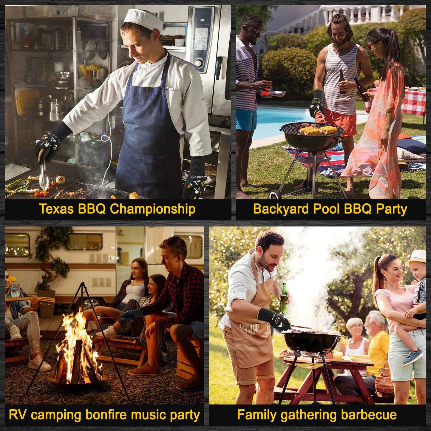 AOBAILI BBQ Gloves, Grilling Gloves Heat Resistant Oven Gloves, Kitchen Silicone Oven Mitts, Long Waterproof Non-Slip Pot Holder for Barbecue, Cooking, Baking, Black (Black)