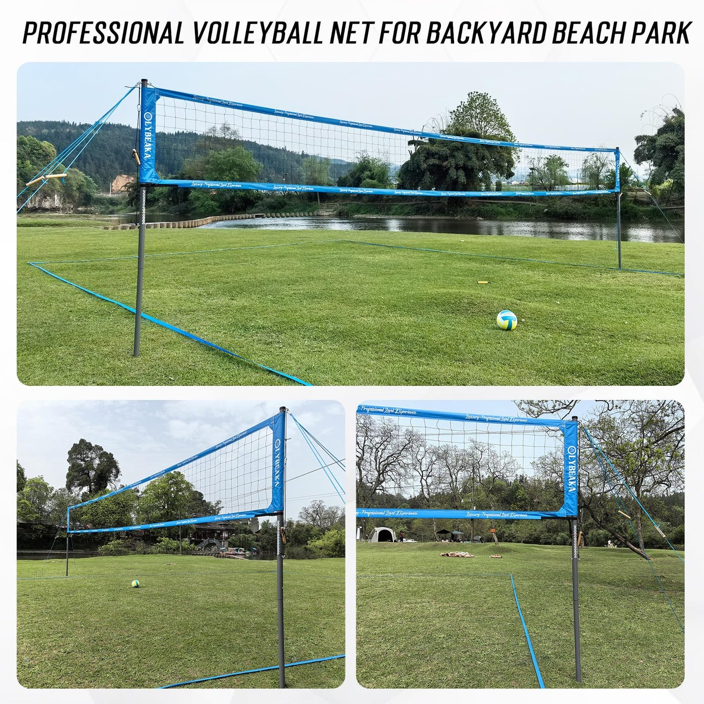 Heavy Duty Professional Volleyball Net Set for Outdoor Backyard Beach with Tetoron Net, 2" Adjustable Aluminum Poles, 2 Tension Adjusters, PU Volleyball and Pump, Carry Bag (Blue)