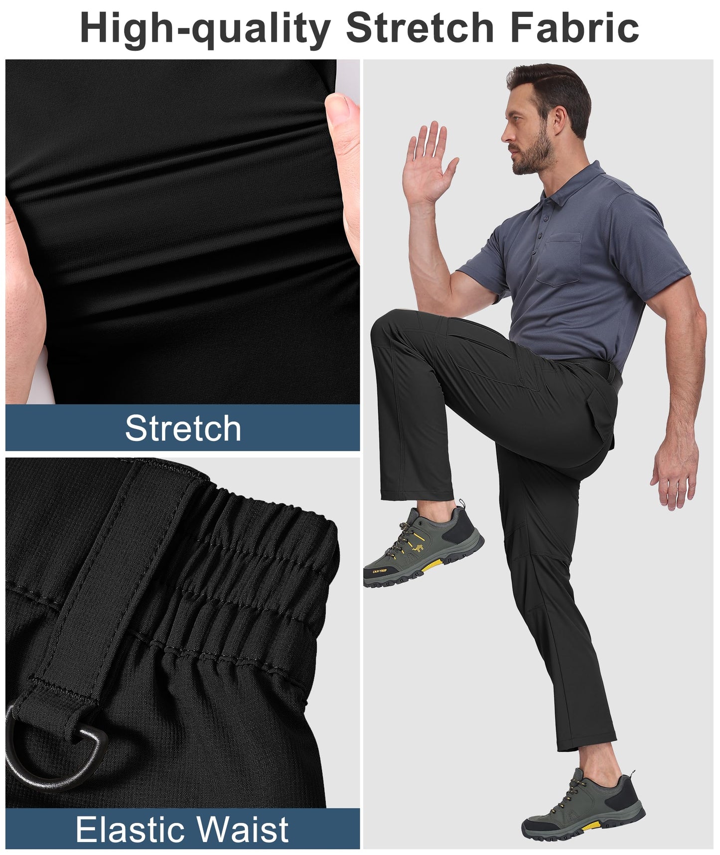 Buyboxs Mens Hiking Pants Water Resistant Ripstop Cargo Pants Lightweight Nylon Quick Dry Outdoor Tactical Work Travel Pants 6 Pockets Black 34W*30L