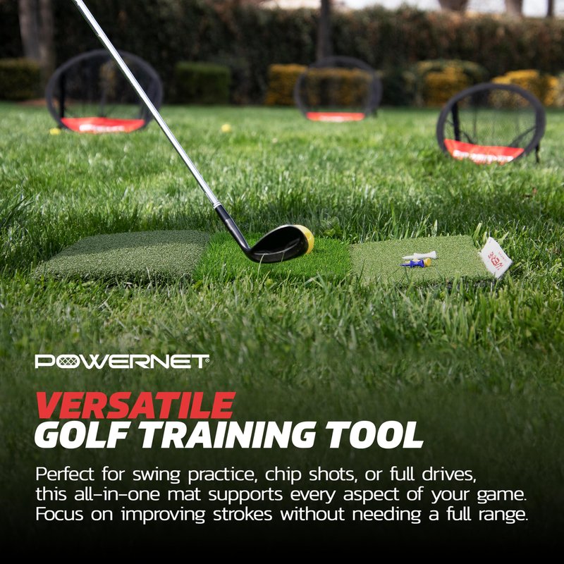 PowerNet Tri-Turf Golf Hitting Mat, Artificial Grass Practice Mat, 25" x 16" Hitting Space, Golfing Accessories Training Aid to Improve Swings