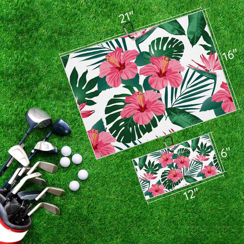 BEITUOLA Tropical Floral Golf Towel 2 Packs for Golf Bags Men Women Hawaiian Plants Pink Hibiscus Flowers Microfiber Waffle Towel with Clip Funny Golf Gift Accessories
