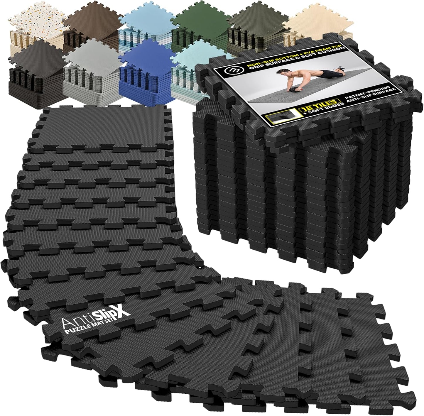 BEMAXX Gym Mats Set - 18 Pcs EVA Interlocking Foam Floor Tiles | Protective 18 Sqft Workout Flooring (12.6"x12.6"x0.4")