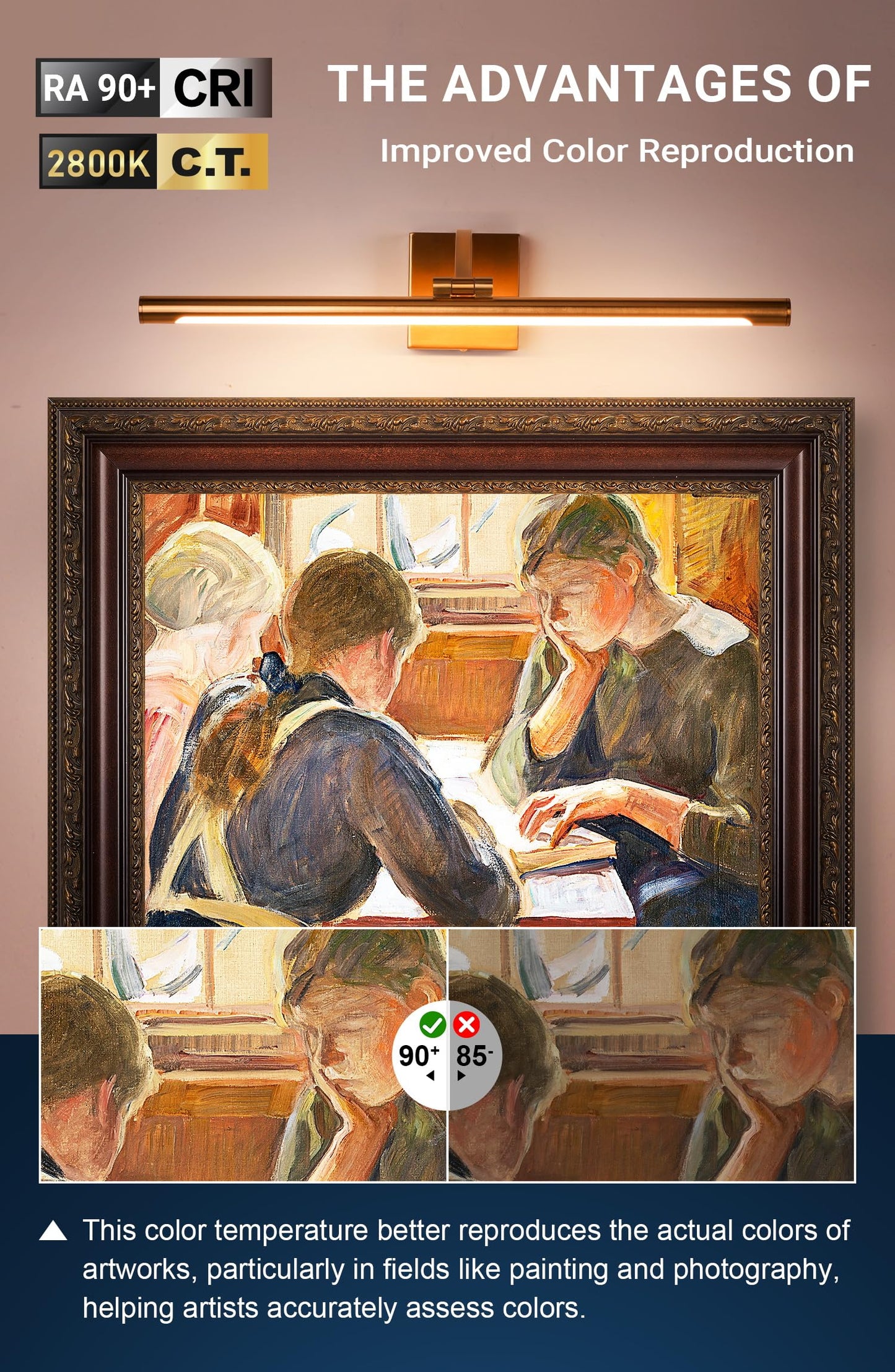 WAMBLZ Dimmable Picture Light for Wall 24 inch Golden Brass Finish Art Lighting with Rotatable Light Tube 2800K Full Metal Hardwired Gallery Light for Painting Artwork Display