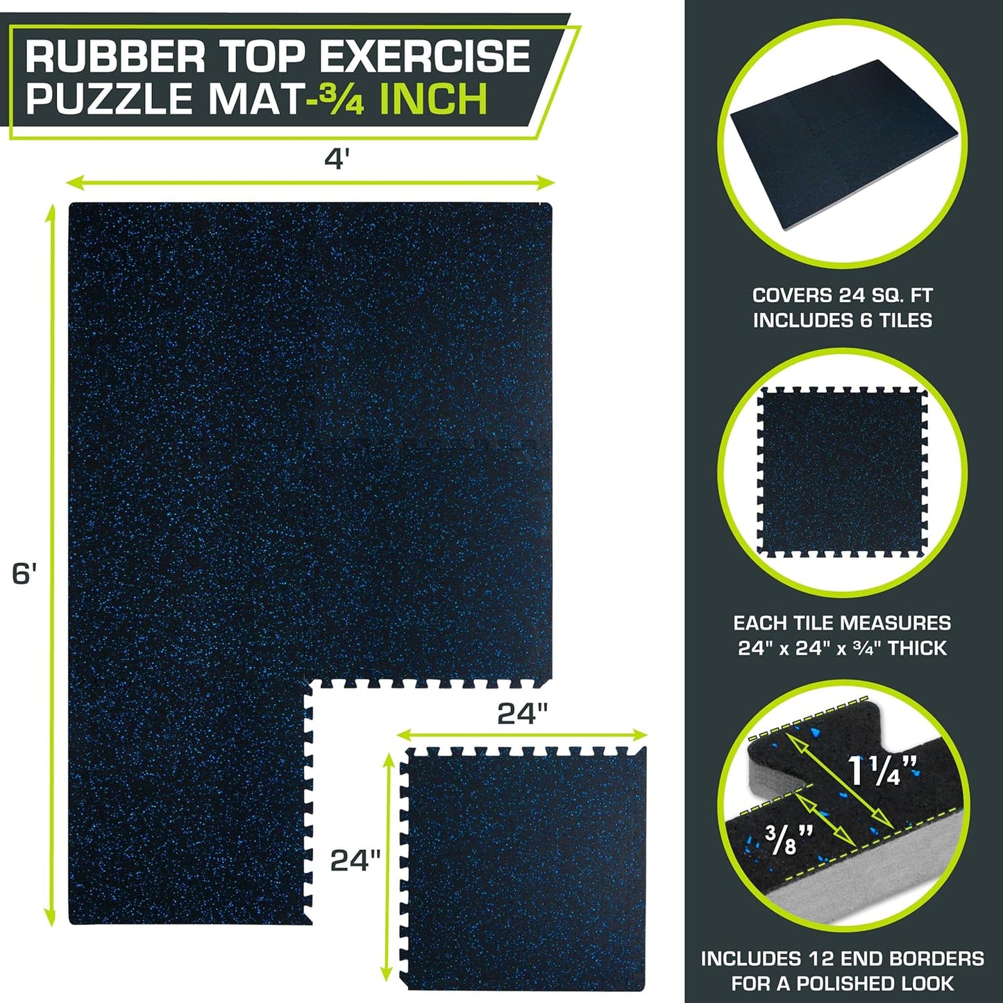 ProsourceFit Rubber Exercise Puzzle Mat - 3/4-Inch Thick EVA Foam | 24 SQFT, 6 Interlocking Tiles, Blue