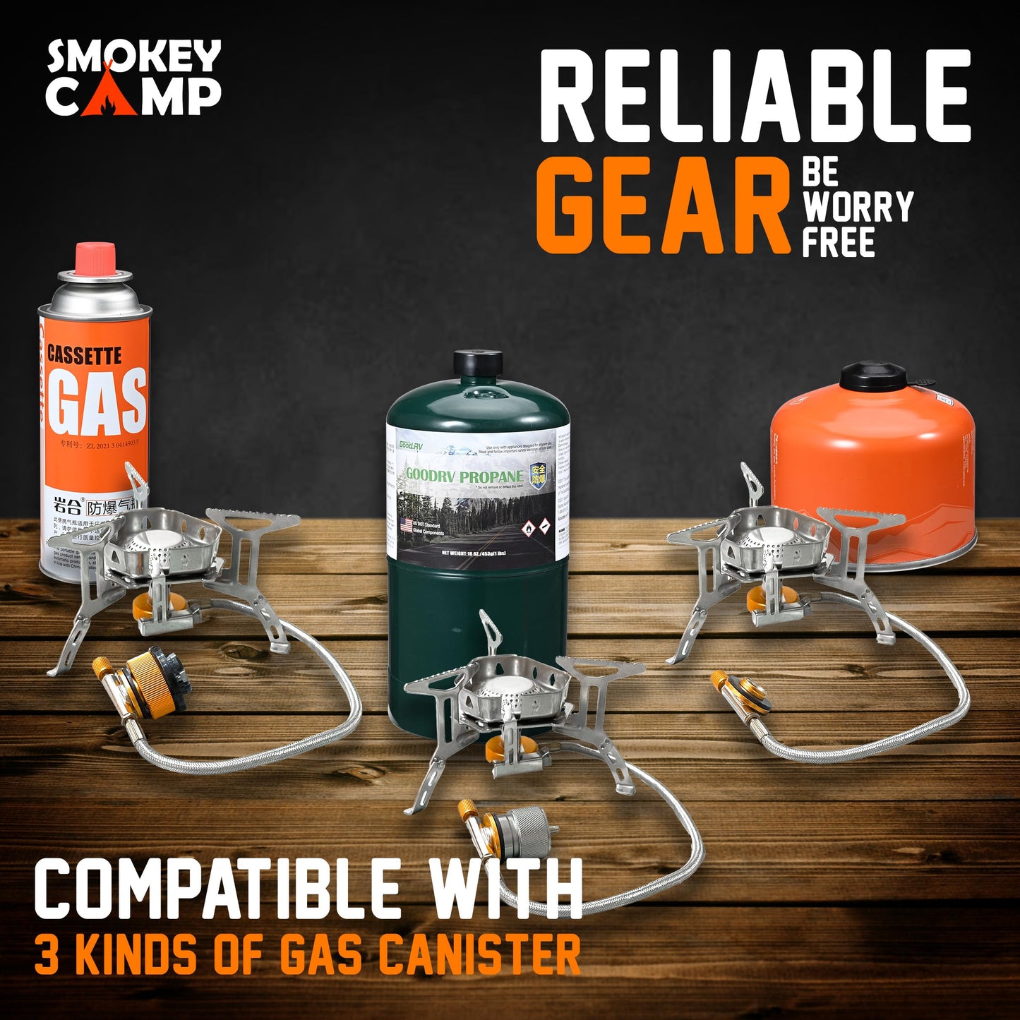 10 Pcs Smokey Camp Backpacking Cooking Set with Stove & Adapter - 2 Pots Large Medium 1 Kettle 1 Large Pan 1 Stove 2 Adpater, Compact Non-Stick Camping Cookware Mess Kit, All in One (with Kettle)
