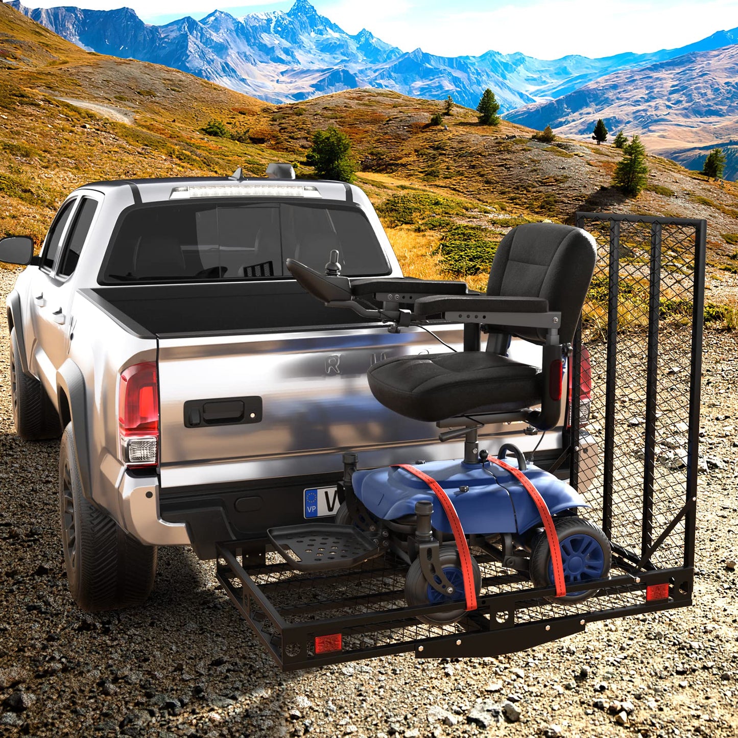 Goplus Mobility Scooter Carrier, 50” x 29.5” Folding Wheelchair Carrier for Car with 42” Ramp, Stabilizer & 2 Tie Down Straps, 500 LBS, Fit 2" Hitch Receiver, Hitch Cargo Carrier for SUV Car