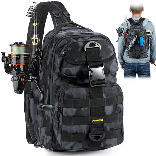 PLUSINNO Fishing Backpack, Fishing Bag, Waterproof Fishing Sling Tackle Bag For Fishing Gear With Rod Holder, Fishing Gifts for Men