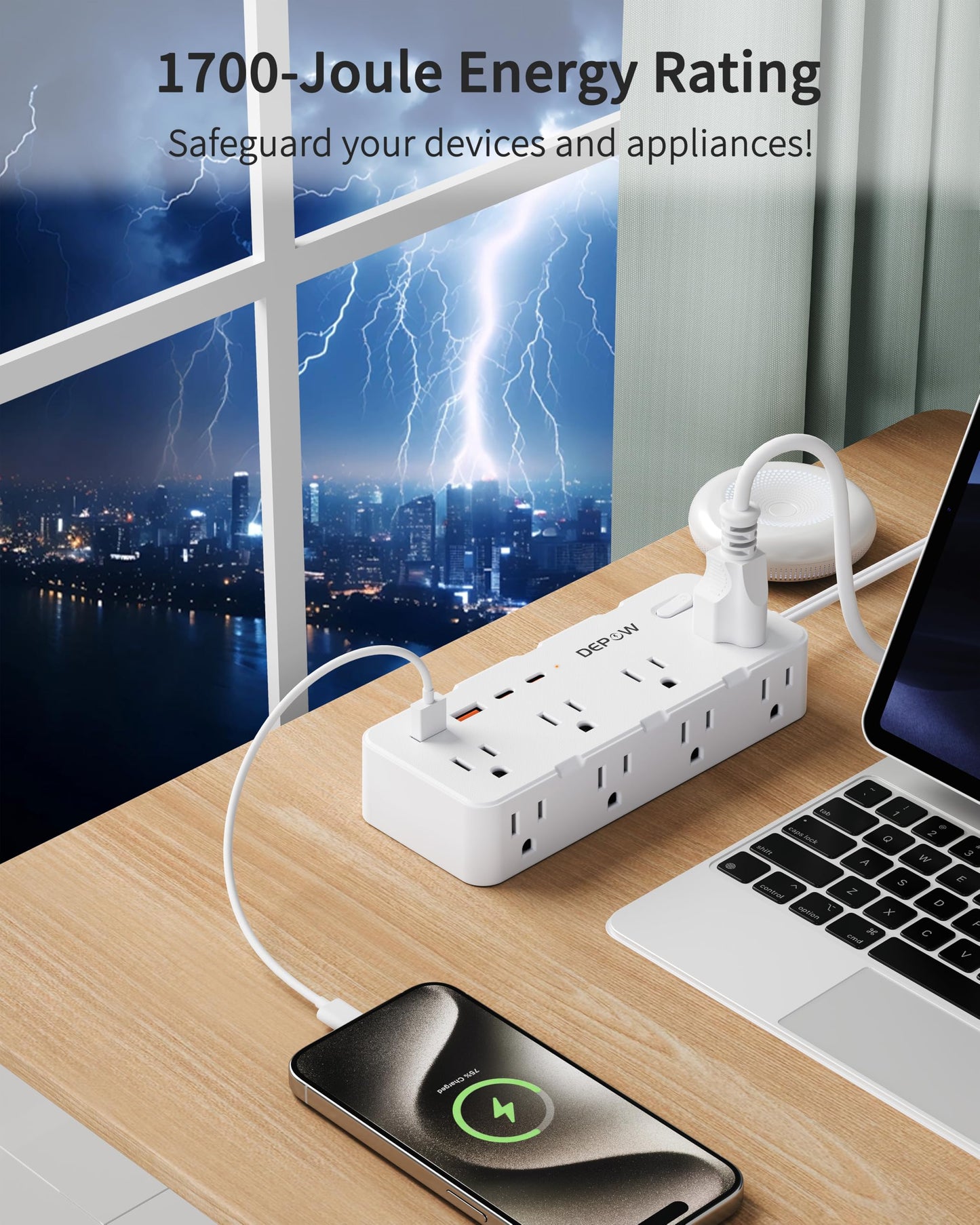 DEPOW 2 Prong Power Strip, 2 to 3 Prong Outlet Adapter with 8 AC & 4 USB Ports (2 USB C), 5FT Extension Cord, 1700J Two Prong Surge Protector, Wall Mountable, Ideal for Old House Non-Grounded Outlets