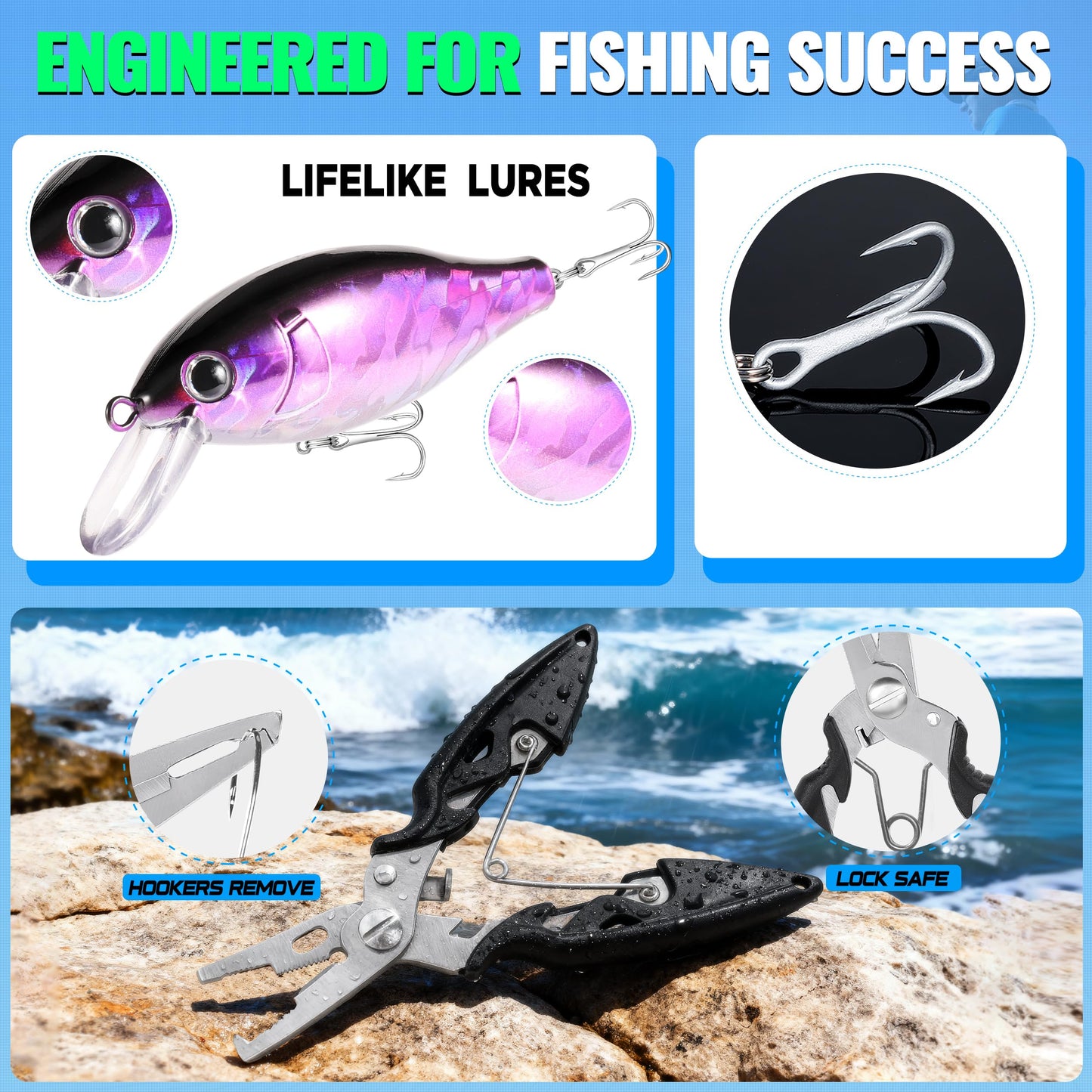 PLUSINNO Fishing Lures, 194PCS Fishing Tackle Box with Tackle Included, Bass Fishing Lures, Fishing Bait Gear, Fishing Kit and Accessories, Fish Gift for Men