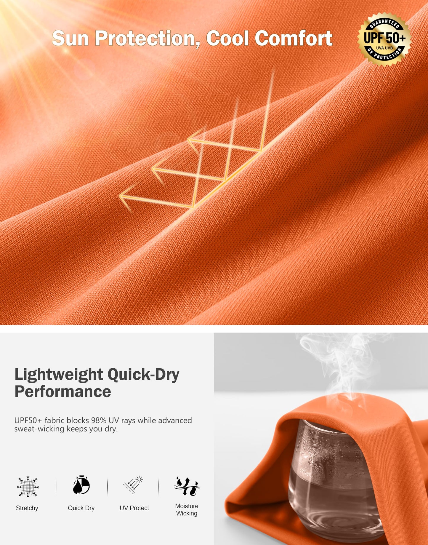 Men's UPF 50+ Sun Protection Dry Fit Workout T-Shirts Rash Guard Swim Shirts Moisture Wicking Tee for Athletic, Beach, Hiking (Orange, L)