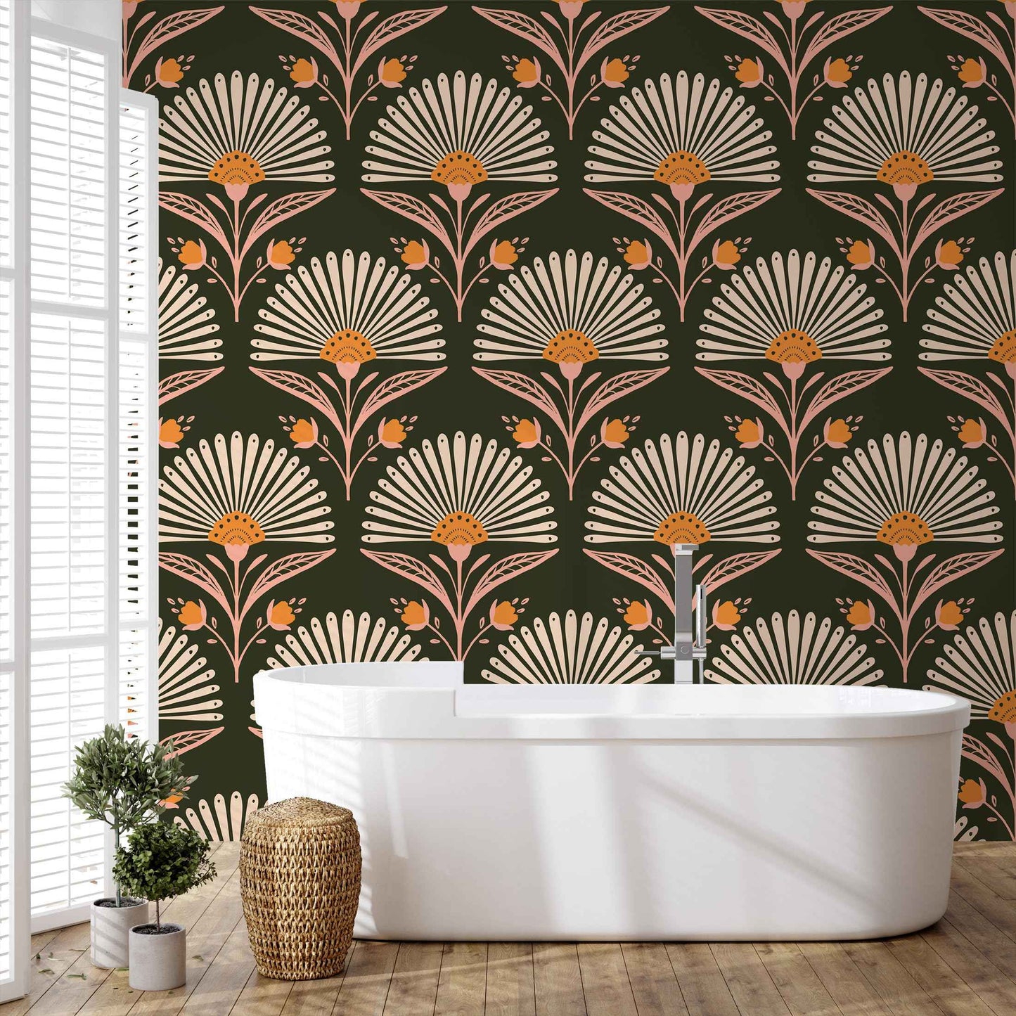 Peel and Stick Wallpaper -Blooming Fan Shaped Floral Wallpaper, Removable Contact Paper in Black Modern Design for Bathroom, Bedroom, Living Room Laundry Decor 17.7”×118”