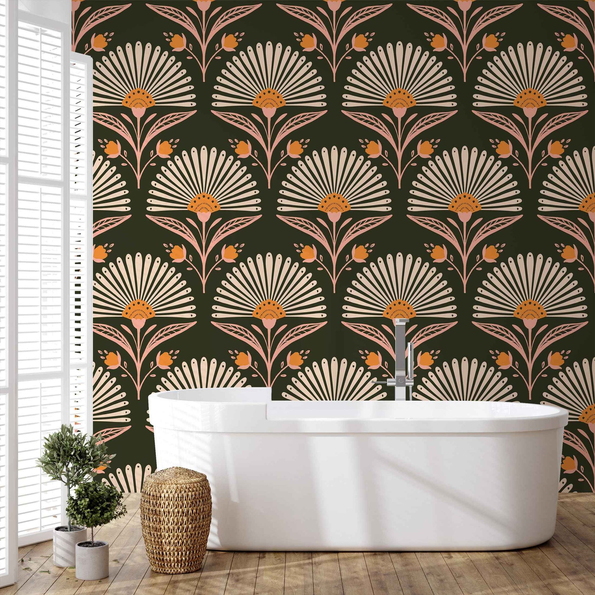 Peel and Stick Wallpaper -Blooming Fan Shaped Floral Wallpaper, Removable Contact Paper in Black Modern Design for Bathroom, Bedroom, Living Room Laundry Decor 17.7”×118”