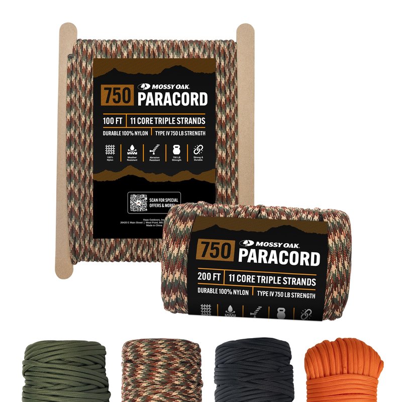 Mossy Oak Paracord Rope 750 with 11 Inner Strands | 100ft Nylon String, Tactical Survival Gear for Camping, Hunting, Fishing, Hiking, Crafting & DIY | Durable & Lightweight, 4mm Parachute Cord (Camo)