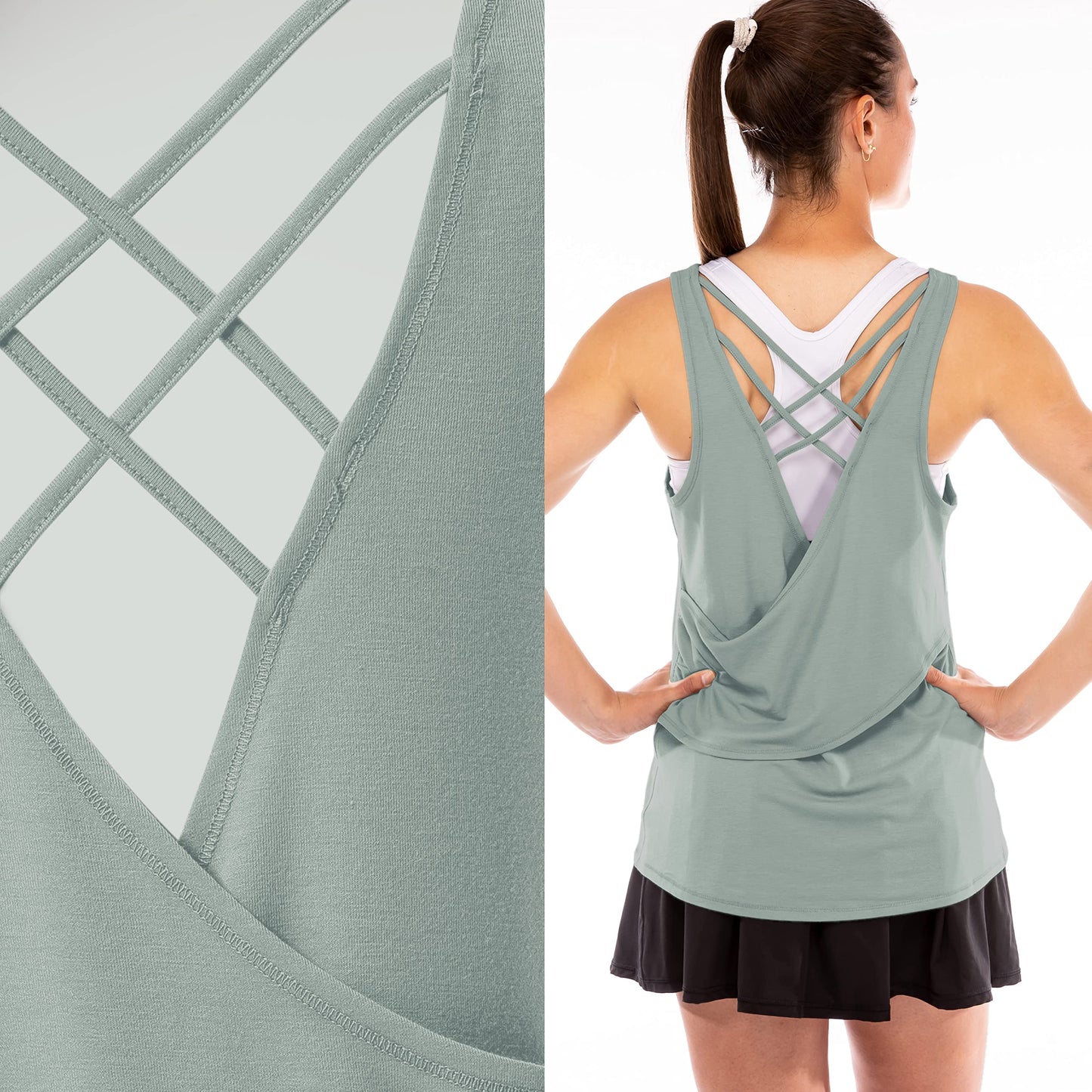 Franklin Sports Women's Sports Tank Top - White Athletic Lattice Back Tank Top for Pickleball, Tennis, Golf + Other Sports - Comfortable Relaxed Fit Spandex Blend - Women's Large - Aloe