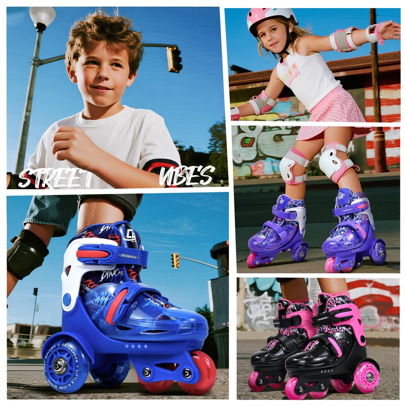 Toddler Roller Skates with Cool Dino Script Design, Kids Training Skating Shoes with Triple Safety Protection, 4 Adjustable Sizes, Light-Up Wheels (Captain Storm, XS-Small(6.5C-9C US))