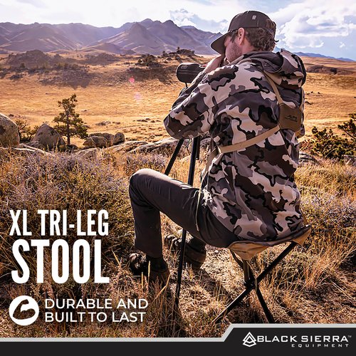 Black Sierra Folding Hunting Stool w/Shoulder Strap Supports 225 lbs, Lightweight Collapsible Tripod Seat, Foldable Steel Frame Chair Perfect for Hunting