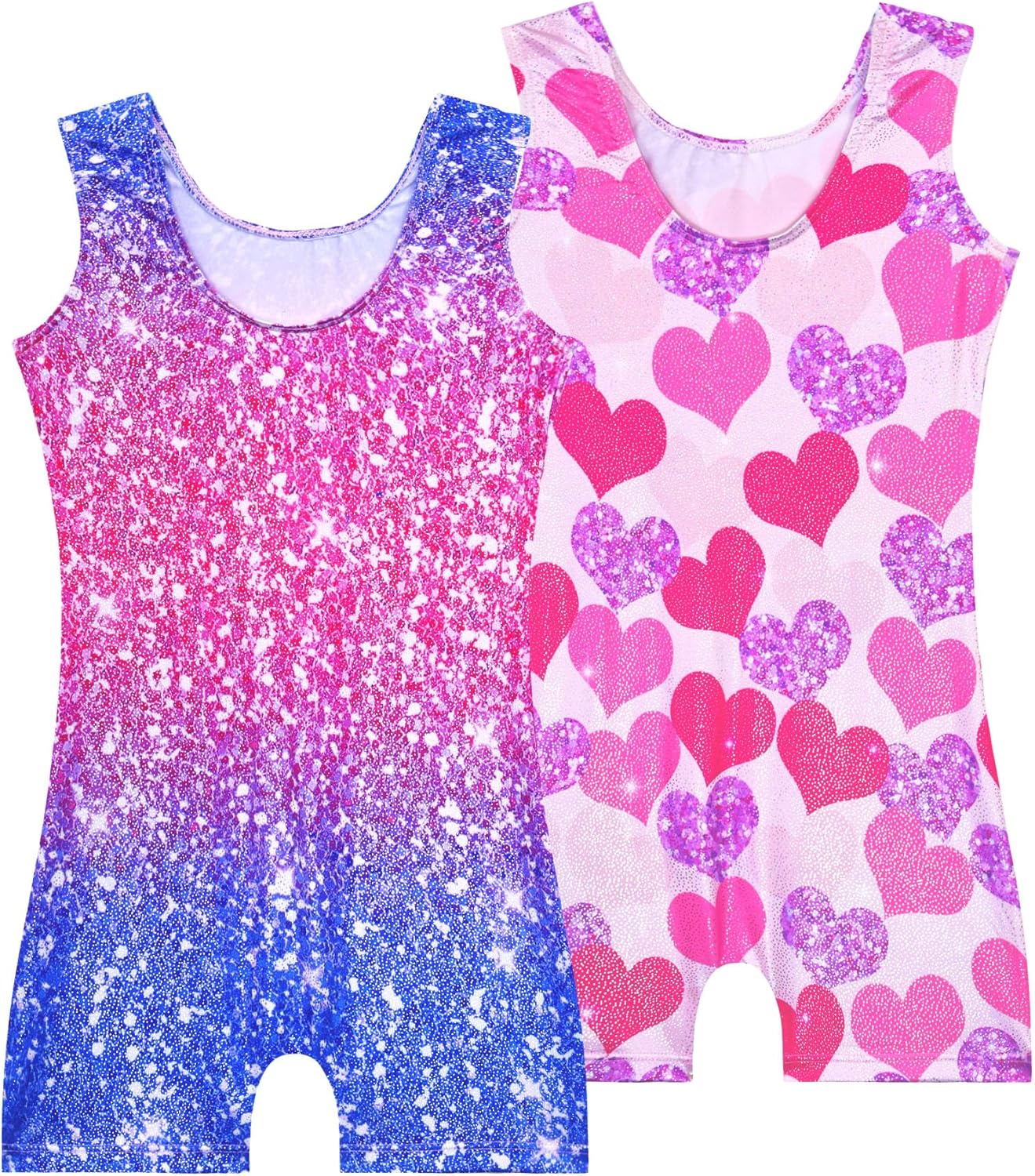 Skiennix Girls' Sparkly Gymnastics Leotards - 2 Pack Sleeveless Tumbling Unitards with Shorts