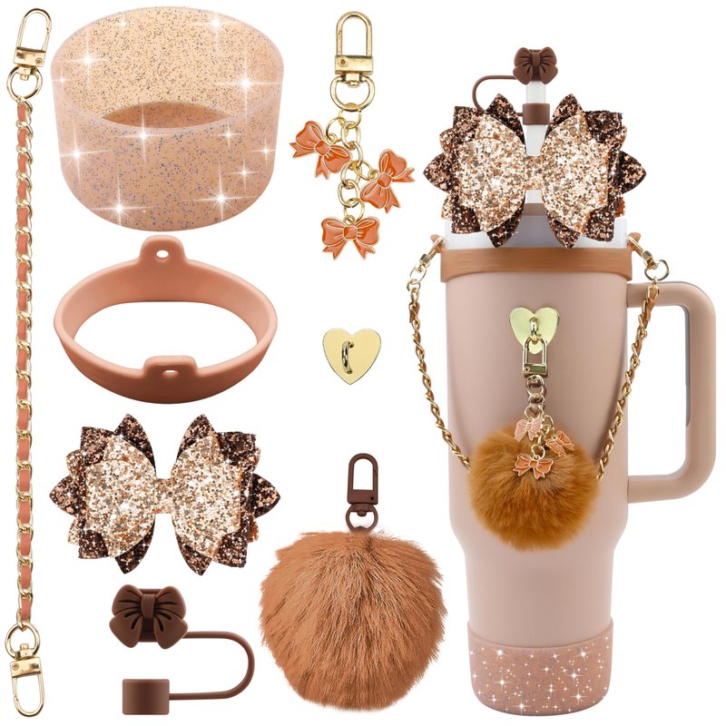SEMATA Bling Accessories for Stanley Cup 40oz & 30oz Tumbler including Silicone Cute Bow Straw Topper Cover, Silicone Boot for Stanley Cup,Leather Water Bottle Handle Strap, Charms(Brown)