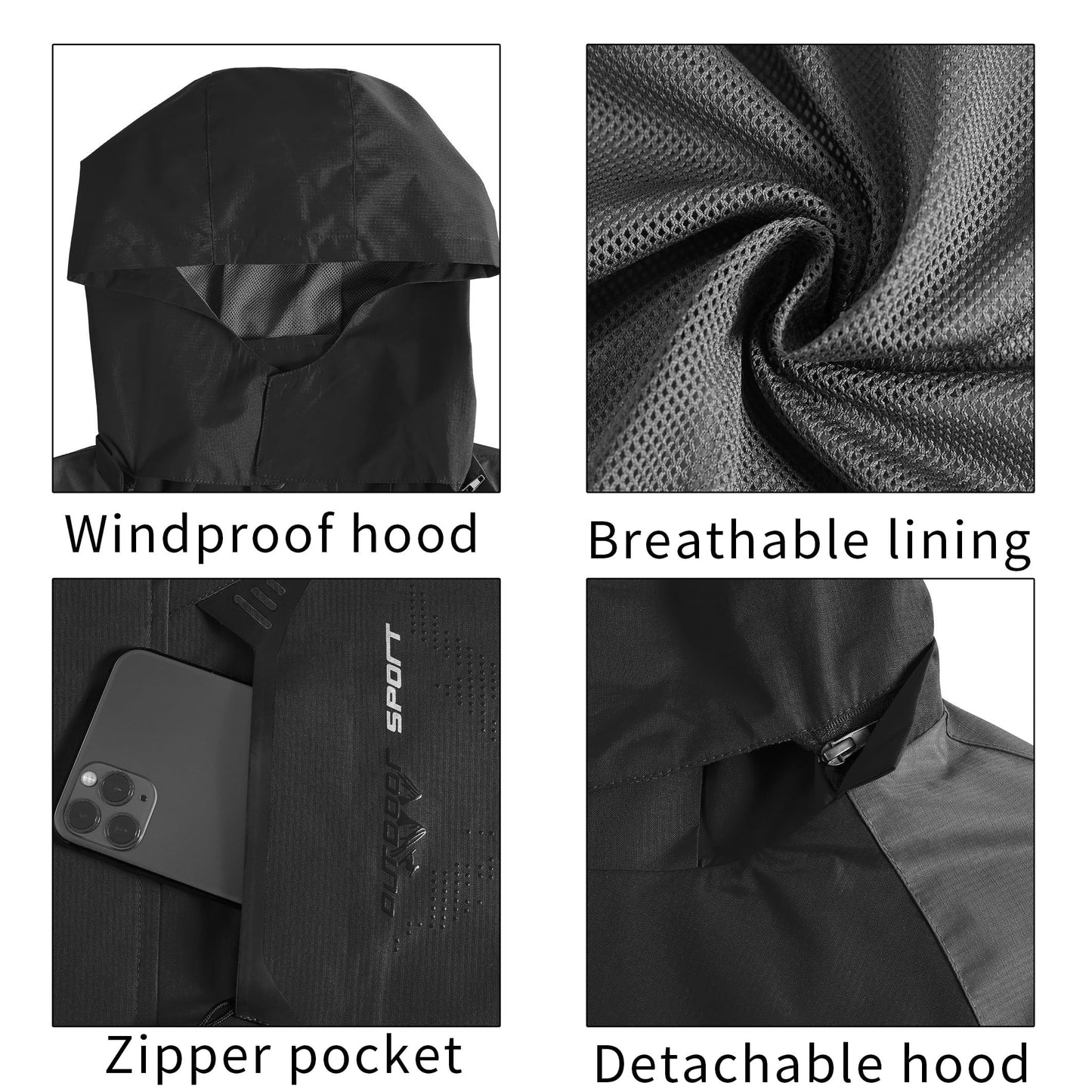 TEZO Mens Rain Jacket Waterproof with Hooded Hiking Coat Lightweight Windbreaker(BK/GY XL)