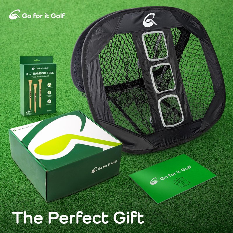 Go For it Golf Kit - Golf Training Accessories for Indoor, Outdoor, or Backyard Practice - Includes a Collapsible, Pop Up Chipping Net and 25ct of 3.25" High Strength Wooden Golf Tees