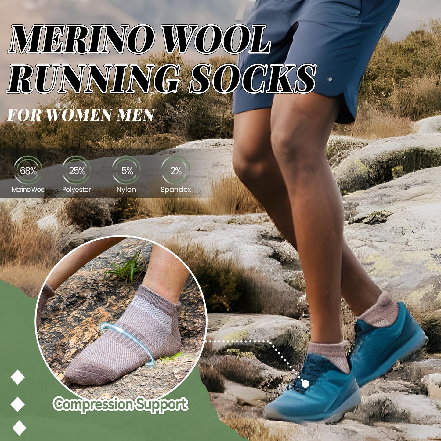 Merino Wool Ankle Hiking Socks For Men & Women No Show Running Athletic Support Thick Cushioned Breathable Socks 6 Pairs (Black & Grey, 6-9)