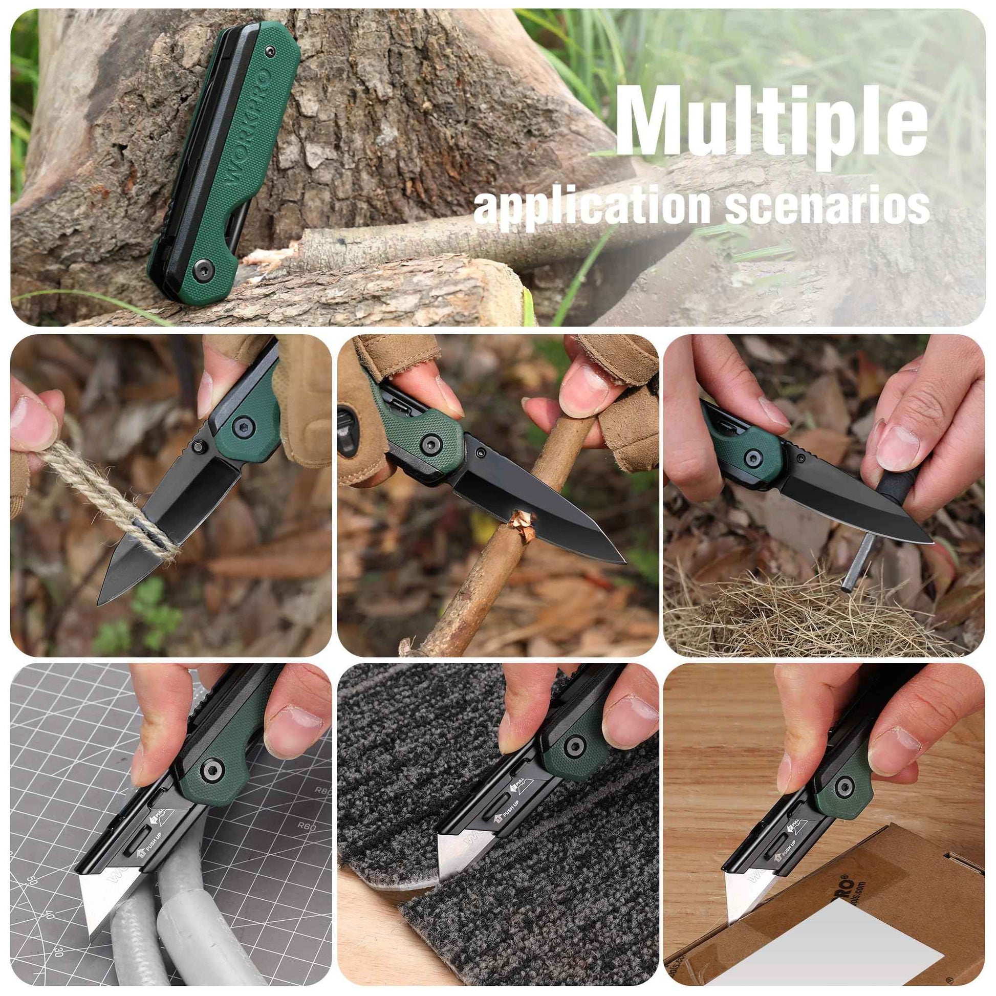 WORKPRO 2-in-1 Folding Knife/Utility Knife, Quick-Change Box Cutter with Belt Clip, Liner Lock, and G10 Handle, Extra 10 SK5 Blades Included, Green