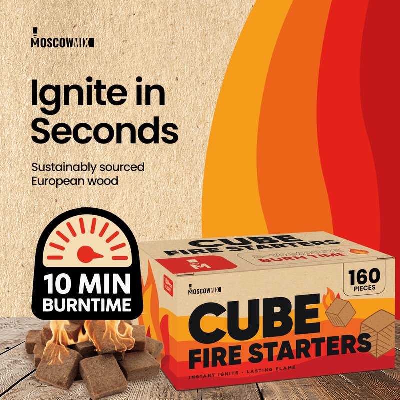 Moscow-Mix Fire Starter Cubes (160 PCS) Bulk Fire Starters for Grill, Campfires, Fireplace, Charcoal Starter, BBQ, Wood Stove, Fire Pits - Lighter Cubes - Odorless, Waterproof, Fire Starter Squares