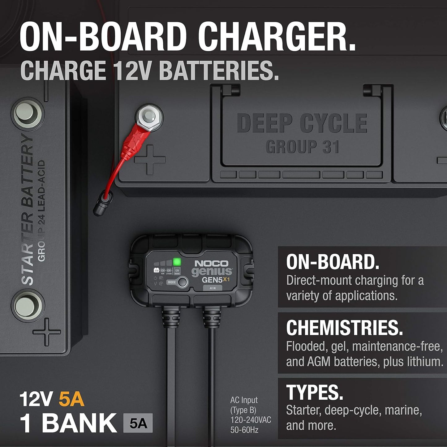 NOCO Genius GEN5X1 Onboard Battery Charger - 5A, 12V Waterproof Marine Charger with Overcharge Protection