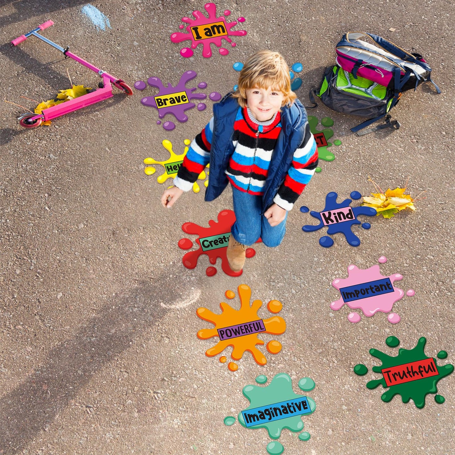 11 Sheets Inspirational Quotes Floor Decals,Ink Splatter Splotches Wallpaper Motivational Hopscotch Game Stickers Positive Saying Wall Decals for Classroom School Kindergarten Bedroom Nursery Floor