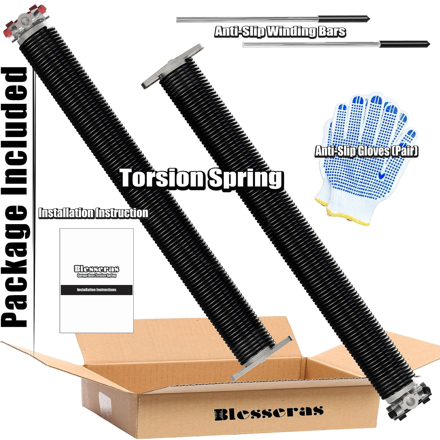 Blesseras Garage Door Torsion Springs with Non-Slip Winding Bars, Oil-Free Electrophoretic Coated Coil 2-Inch Diameter Spring Set, 1 Pair, 207 X 2'' X 22''