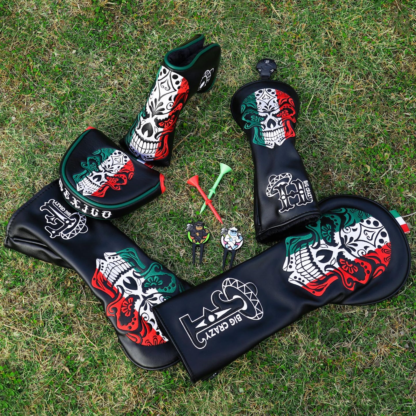 Big Crazy Funny Golf Head Covers, Driver Headcover, Hybrid Fairway Woods Putter Cover, Golf Gift Accessories for Men, Day of The Dead Skull Skeleton Design