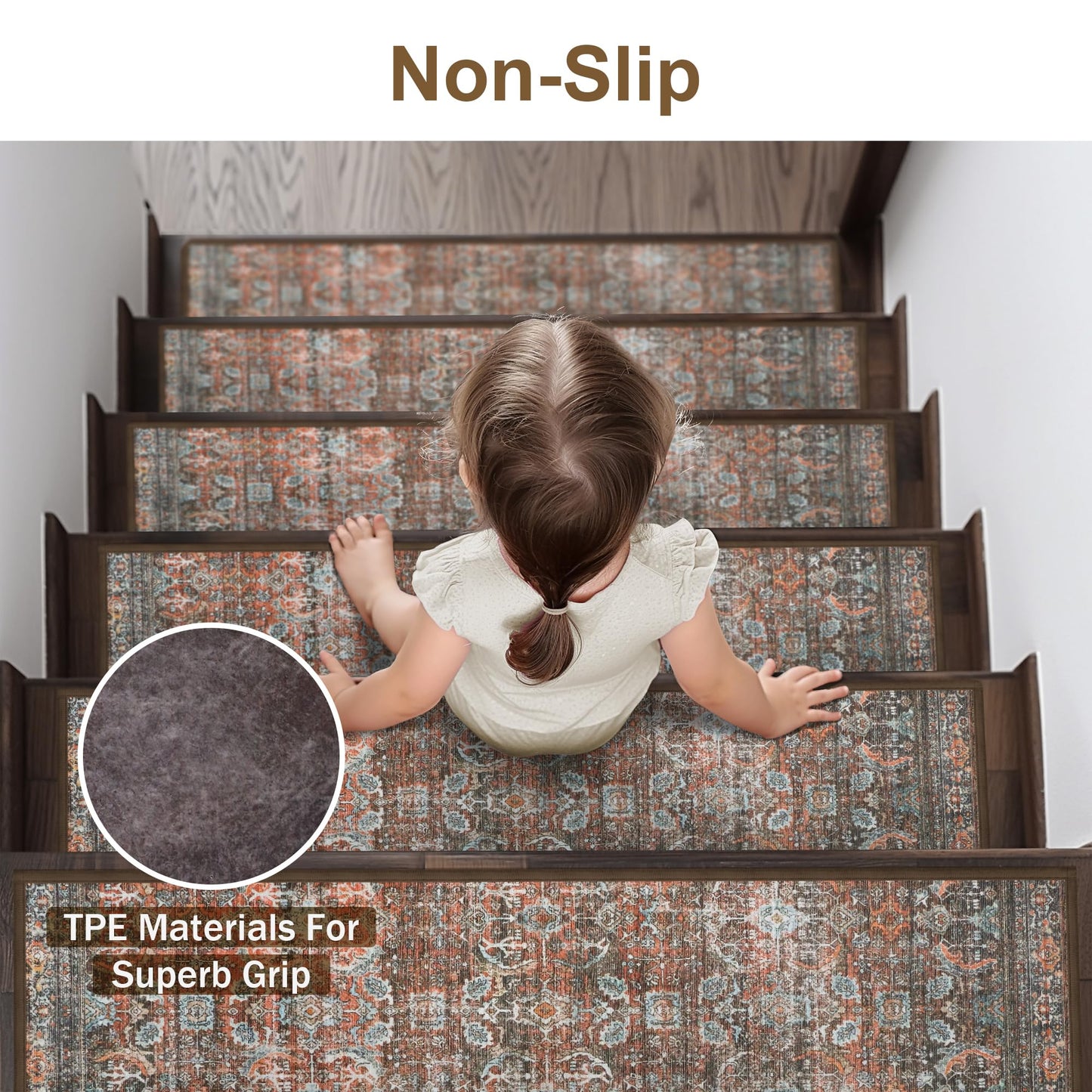 sarben Carpet Stair Treads Non Slip 4PCS, 8" X 30" Edging Stair Runner for Wooden Steps Indoor, Resistant Stair Rug with Reusable TPE Adhesive Backing, Residue Free Mat for Elders, Pets, Terracotta