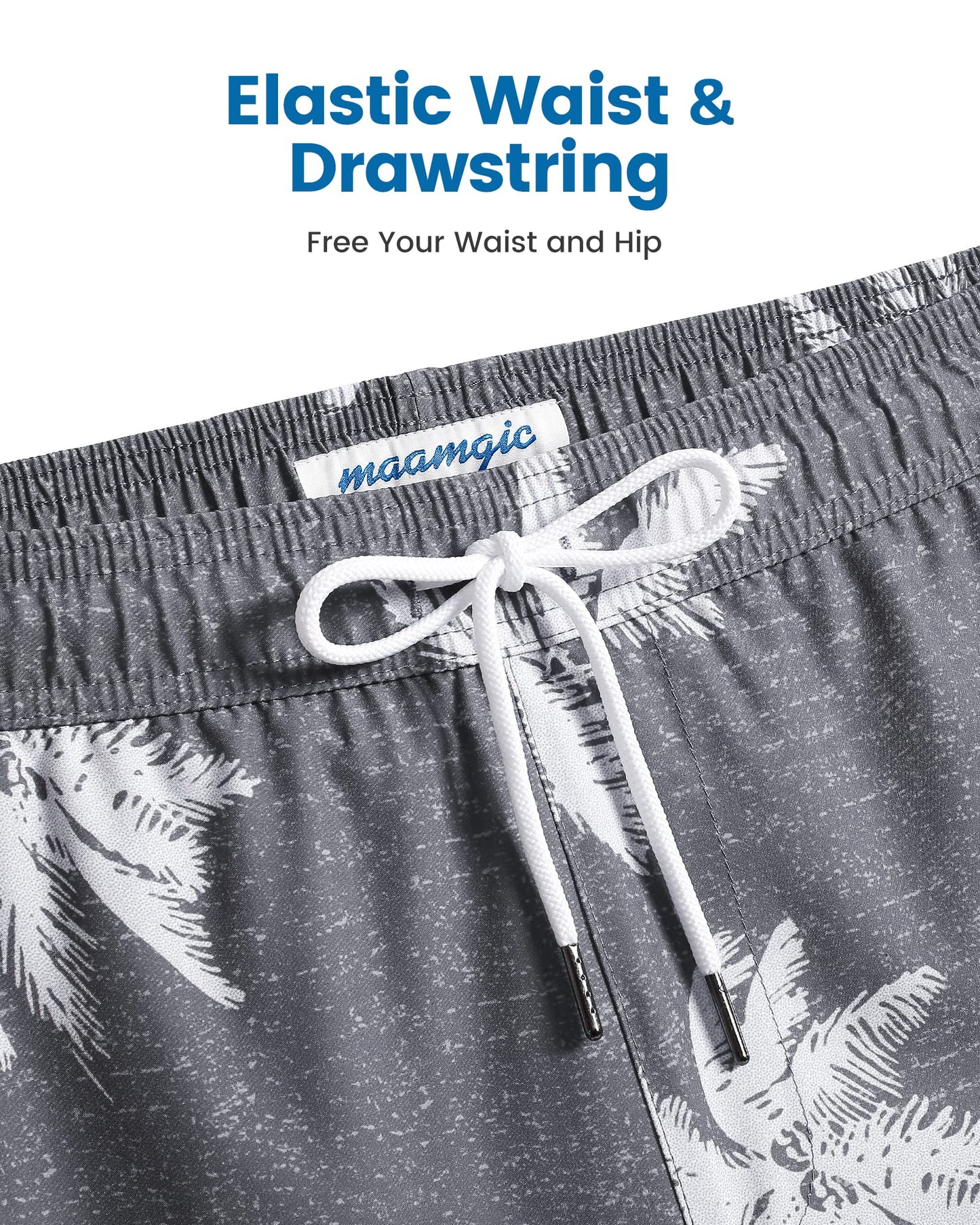 maamgic Mens Swim Trunks with Compression Liner 5 Inch, Quick Dry Bathing Suit with Zipper Pockets, Stretch No-Chafing Swim Shorts, Gray-Palm Tree X-Large