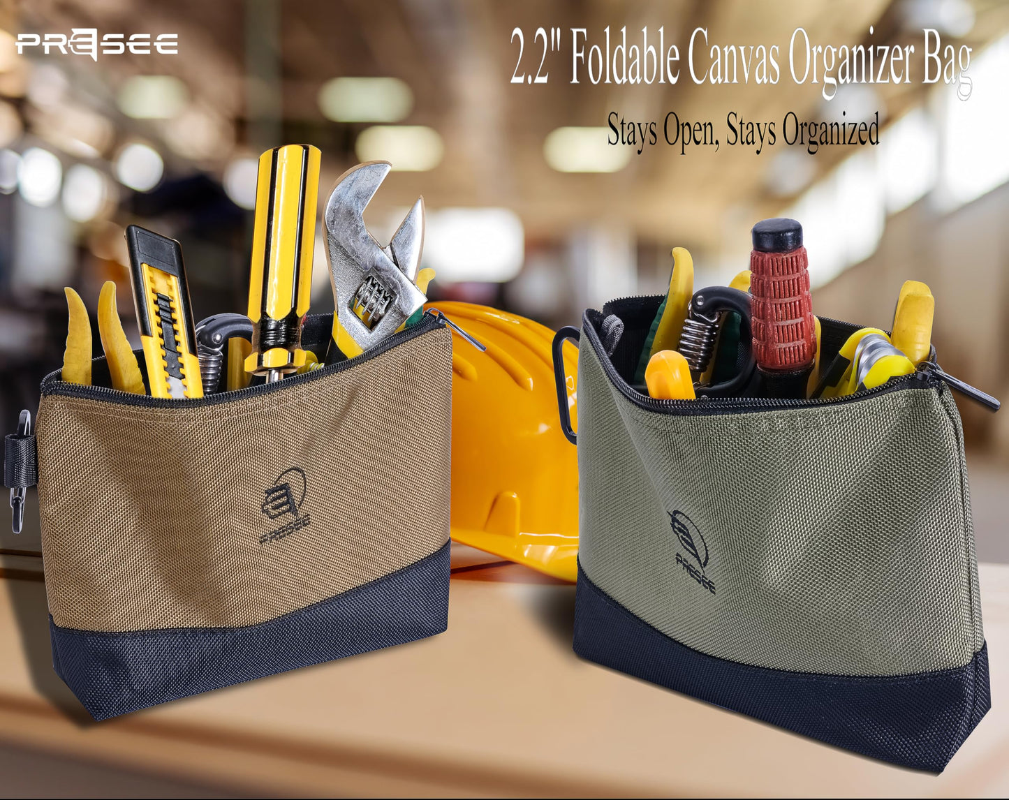 Tool Pouch Zipper Small Tool Pouches Organizer Bag with Metal Carabiner, Nylon 1680D Heavy Duty for Wrenches, Screwdrivers, Pliers, Pack of 2, Green Khaki, 10.5 Inch