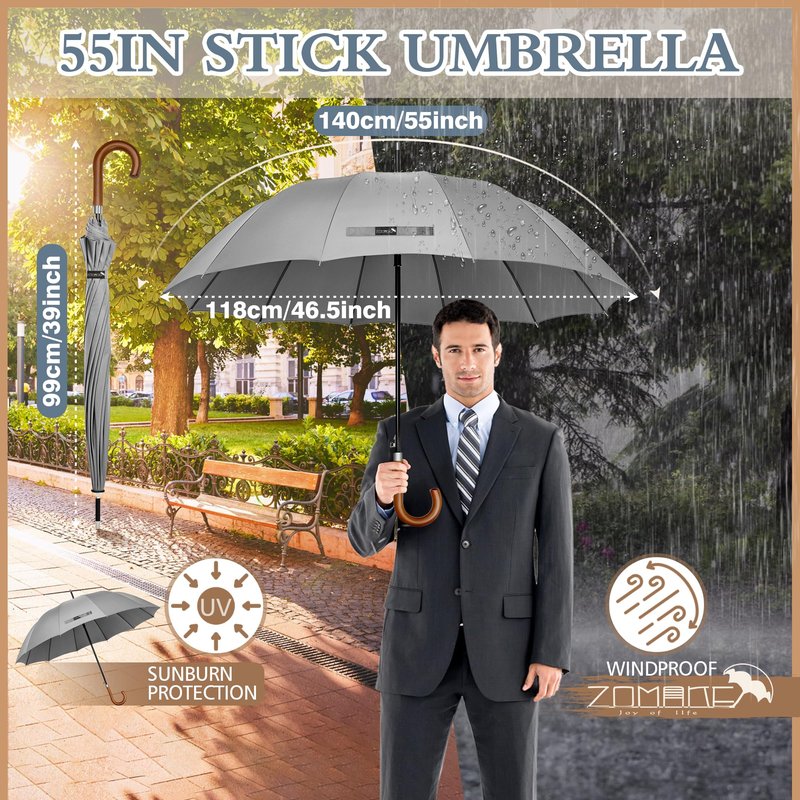 ZOMAKE Stick Umbrella Wood Handle,Cane Walking Classic Umbrellas for Men Women,12 Ribs Stick,55 Inch(Light Grey)