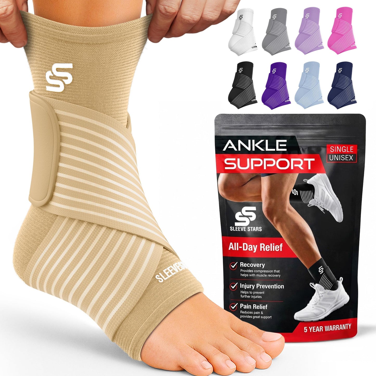 Sleeve Stars Ankle Brace for Women & Men, Ankle Wrap for Sprain, Compression Sleeve for Plantar Fasciitis Relief, Easy Customizable Support: w/ Removable Strap (Pair/M:10"-12"/Beige)
