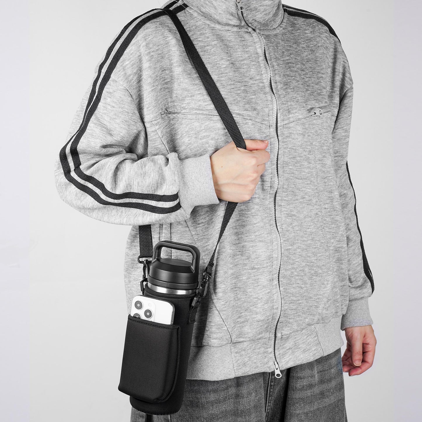 Linkidea Water Bottle Carrier with Strap Compatible with YETI Rambler Bottle 18oz, Yonder 600ml/20oz, Insulated Waterbottle Sling Bag Holder, Shoulder Strap with Phone Pocket (Black)