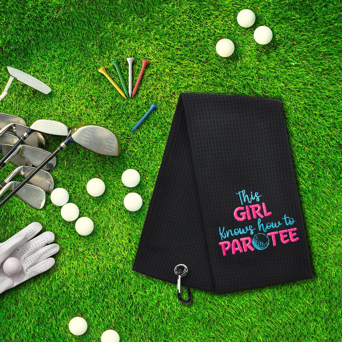 ERHACHAIJIA This Girl Knows How to Par Tee Embroidered Golf Towel with Clip. Funny Golf Accessory Gift for Women, Mom, Daughter - Birthday, Retirement