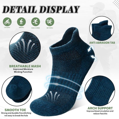 SeeyAN Merino Wool Ankle Hiking Socks For Men & Women No Show Running Athletic Support Thick Cushioned Breathable Socks 6 Pairs (Blue & Green, 9-11)