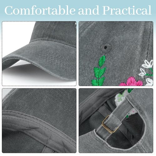 HOVEOX Flower Baseball Cap Embroidered Hat Baseball Cap Women's Hats Trendy Embroided Flower Gift for Woman Grey