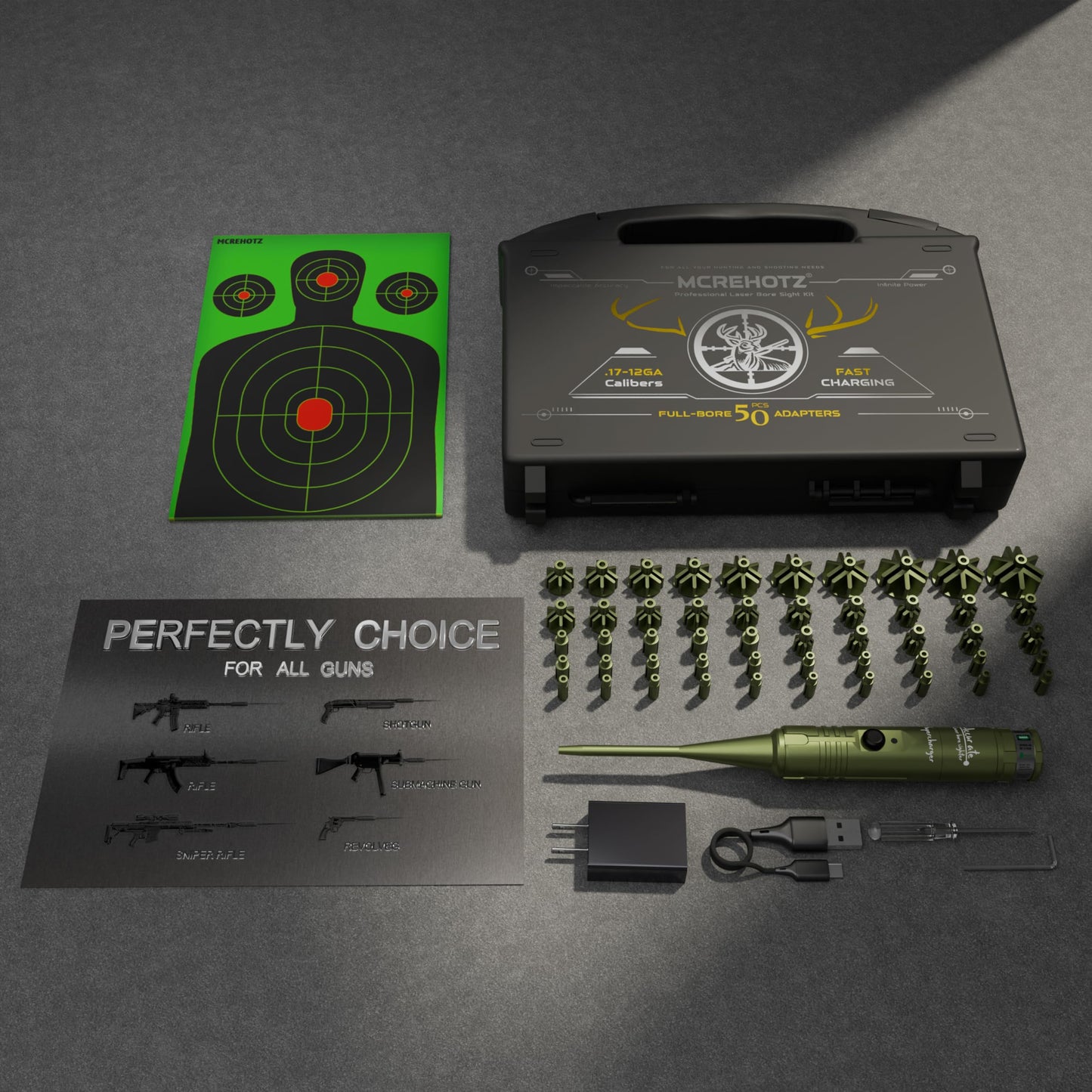 MCREHOTZ Super-Rechargeable Bore Sight Laser Kit: Professional Green Laser Bore Sighter with 50 Adapters (0.17-12 GA) - Fast Zeroing for Rifle & Pistol | Reliable | Fits All Guns | Wonderful Gift-0001