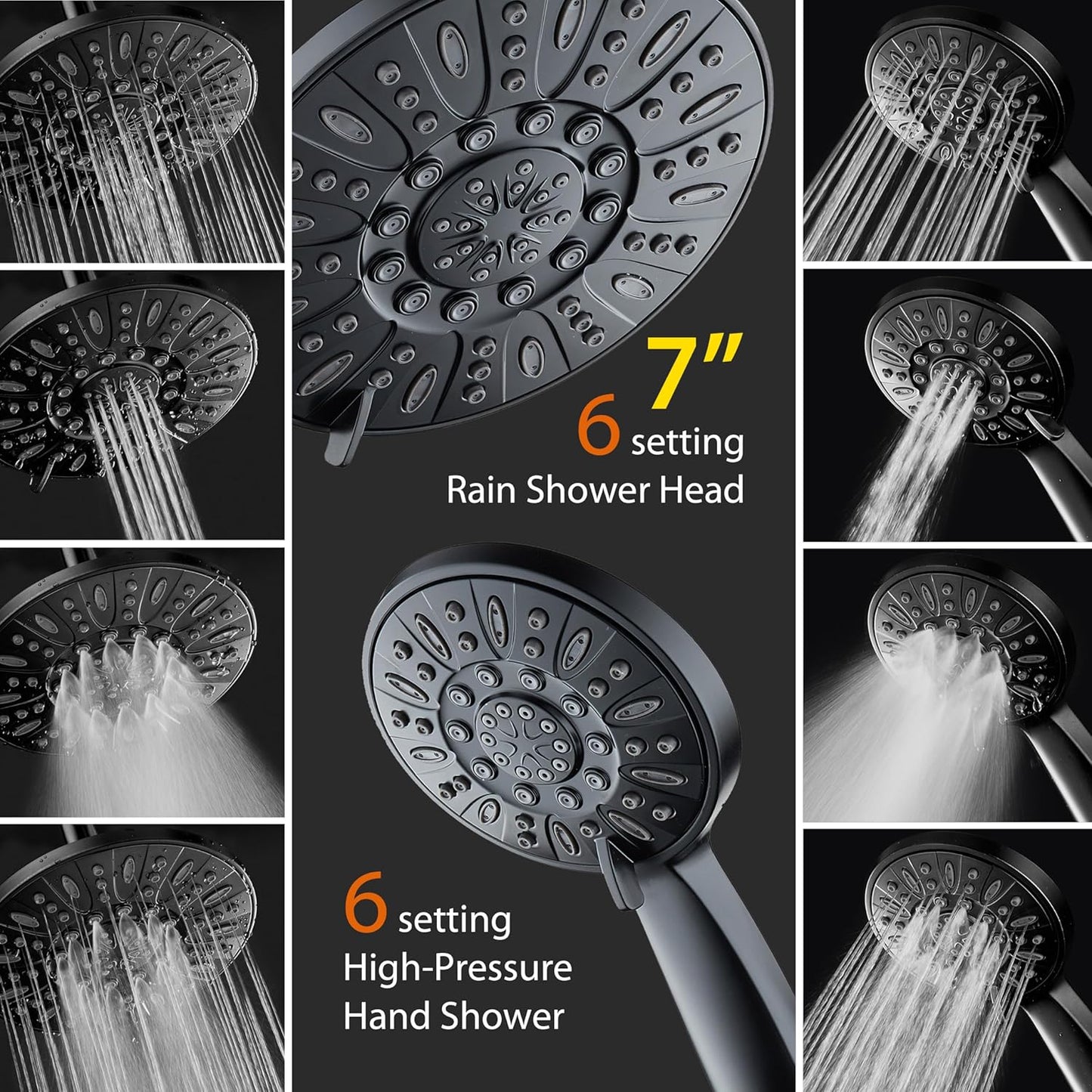 High Pressure 3-Way Rainfall Showerhead Combo - Luxurious Matte Black Rain & Handheld Shower